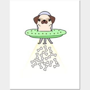 Funny pug dog is flying a ufo Posters and Art